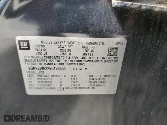 2014 GMC Terrain SLE with VIN 2GKFLWE33E6128565, listed as a Copart auction lot 54115145 with 160,779 mi miles and Clean Title. Bid and sale history available at DreamBid. Image 13.