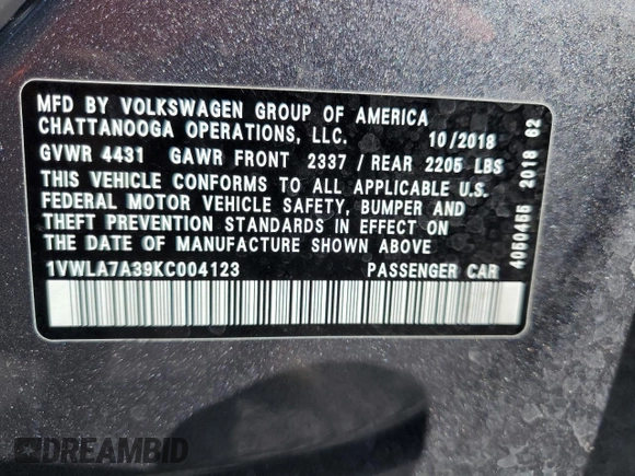 2019 Volkswagen Passat 2.0T Wolfsburg Edition with VIN 1VWLA7A39KC004123, listed as a Copart auction lot 43695855 with 63,337 mi miles and Salvage Title. Bid and sale history available at carsss.com. Image 12.
