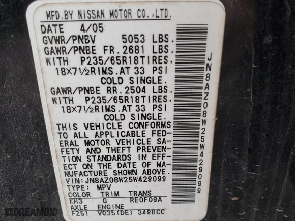 2005 Nissan Murano S with VIN JN8AZ08W25W429099, listed as a Copart auction lot 77667764 with 247,452 mi miles and Salvage Title. Bid and sale history available at carsss.com. Image 12.