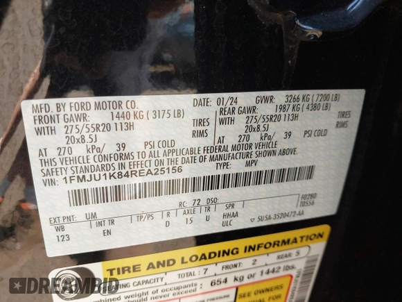 2024 Ford Expedition Limited with VIN 1FMJU1K84REA25156, listed as a IAAI auction lot 42420873 with 34,898 mi miles and . Bid and sale history available at DreamBid. Image 9.