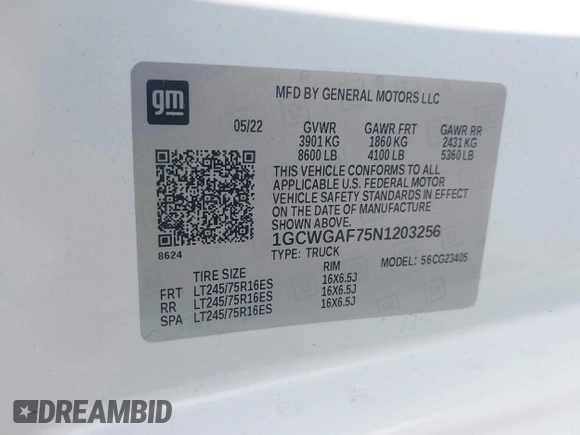 2022 Chevrolet Express Cargo with VIN 1GCWGAF75N1203256, listed as a IAAI auction lot 42294950 with 39,756 mi miles and . Bid and sale history available at DreamBid. Image 9.