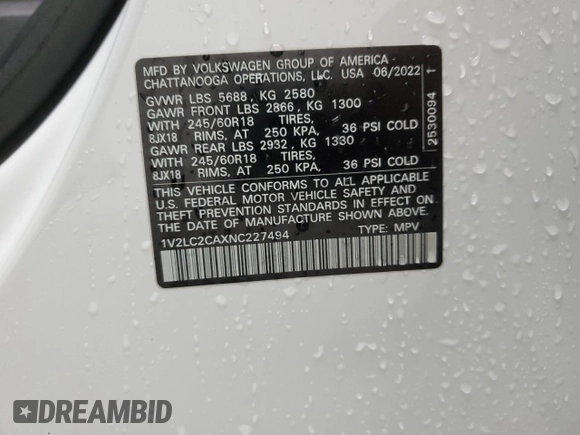 2022 Volkswagen Atlas SE with VIN 1V2LC2CAXNC227494, listed as a Copart auction lot 48955785 with 55,601 mi miles and Clean title. Bid and sale history available at DreamBid. Image 13.