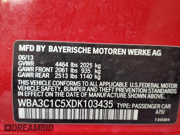 2013 BMW 3 Series 328i with VIN WBA3C1C5XDK103435, listed as a Copart auction lot 55778455 with 123,973 mi miles and Clean Title. Bid and sale history available at carsss.com. Image 12.