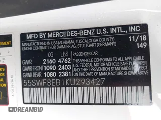 2019 Mercedes-Benz C 300 with VIN 55SWF8EB1KU293427, listed as a IAAI auction lot 41673663 with 61,295 mi miles and . Bid and sale history available at carsss.com. Image 9.