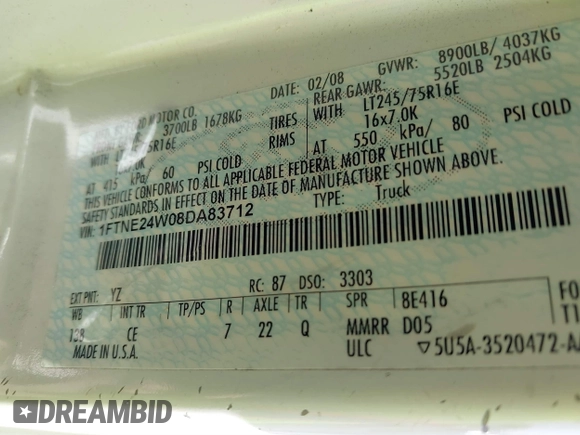 2008 Ford Econoline Cargo Commercial with VIN 1FTNE24W08DA83712, listed as a IAAI auction lot 41831945 with 395,004 mi miles and . Bid and sale history available at carsss.com. Image 9.