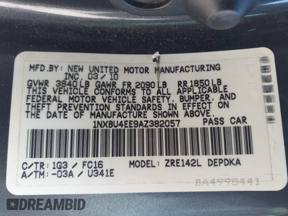 2010 Toyota Corolla z VIN 1NXBU4EE9AZ382057, wystawiony jako IAAI lot #41600793 z przebiegiem 132 540 mil mil oraz . Historia ofert i sprzedaży dostępna na DreamBid. Obrazek 9.
