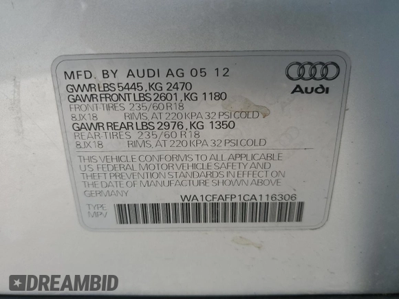 2012 Audi Q5 Premium with VIN WA1CFAFP1CA116306, listed as a Copart auction lot 53189945 with 138,420 mi miles and Salvage title. Bid and sale history available at DreamBid. Image 13.