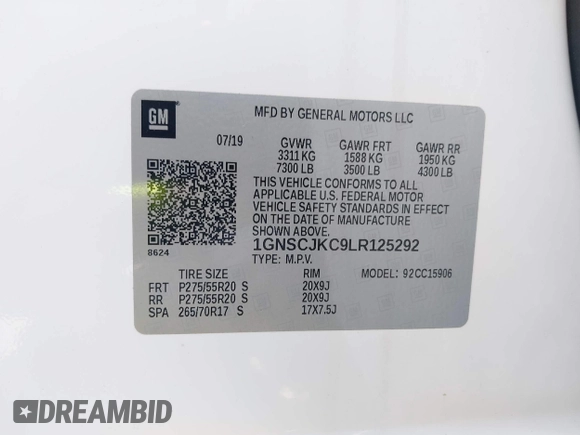 2020 Chevrolet Suburban Premier with VIN 1GNSCJKC9LR125292, listed as a IAAI auction lot 42073858 with 92,363 mi miles and . Bid and sale history available at DreamBid. Image 9.