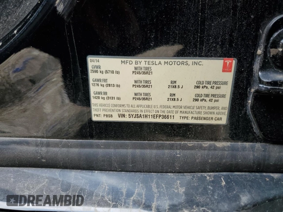 2014 Tesla Model S 60 with VIN 5YJSA1H11EFP36611, listed as a Copart auction lot 59544085 with 97,214 mi miles and Salvage title. Bid and sale history available at DreamBid. Image 12.