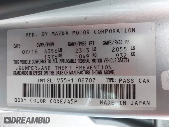 2017 Mazda 6 Touring with VIN JM1GL1V55H1102707, listed as a IAAI auction lot 42179510 with 86,841 mi miles and . Bid and sale history available at carsss.com. Image 9.