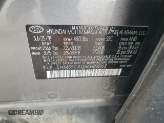 2019 Hyundai Santa Fe Limited with VIN 5NMS5CAD6KH018163, listed as a Copart auction lot 50663845 with 66,452 mi miles and Salvage Title. Bid and sale history available at carsss.com. Image 15.
