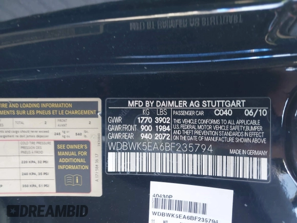 2011 Mercedes-Benz SLK 300 with VIN WDBWK5EA6BF235794, listed as a IAAI auction lot 41948933 with 80,244 mi miles and . Bid and sale history available at DreamBid. Image 9.