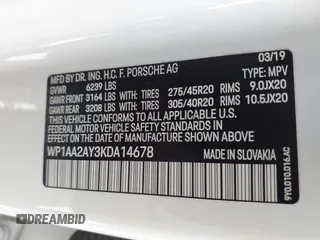 2019 Porsche Cayenne z VIN WP1AA2AY3KDA14678, wystawiony jako IAAI lot #42289286 z przebiegiem 46 015 mil mil oraz . Historia ofert i sprzedaży dostępna na DreamBid. Obrazek 9.