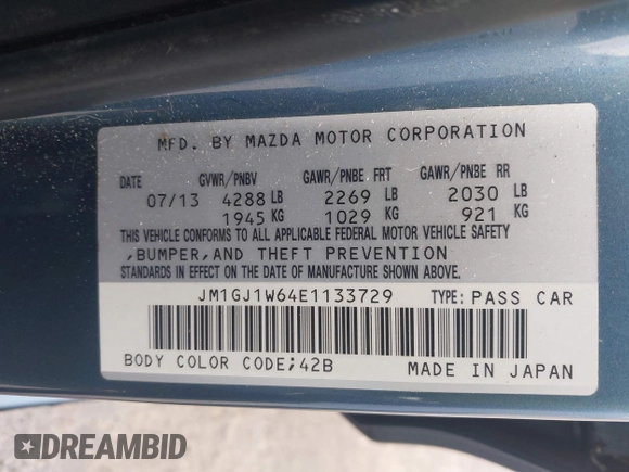2014 Mazda 6 i Grand Touring with VIN JM1GJ1W64E1133729, listed as a IAAI auction lot 42050222 with 112,464 mi miles and . Bid and sale history available at DreamBid. Image 9.