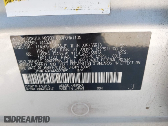 2010 Toyota RAV4 Sport с VIN JTMWF4DV4A5027891, выставлен на аукционе IAAI как лот 42493792 с пробегом 162 746 миль миль и . История ставок и продаж доступна на DreamBid. Изображение 9.