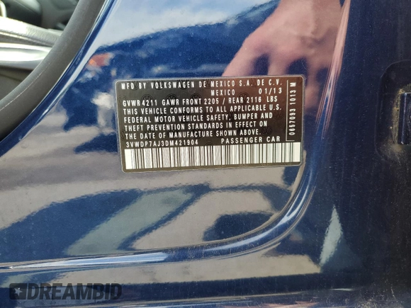 2013 Volkswagen Jetta SE with VIN 3VWDP7AJ3DM421904, listed as a Copart auction lot 63367515 with 98,523 mi miles and Salvage title. Bid and sale history available at DreamBid. Image 12.