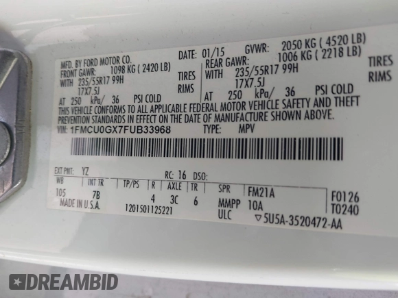 2015 Ford Escape SE with VIN 1FMCU0GX7FUB33968, listed as a IAAI auction lot 42179132 with 188,693 mi miles. Bid and sale history available at carsss.com. Image 9.