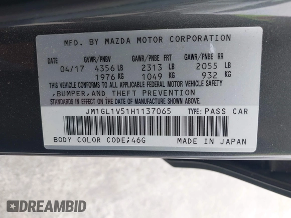 2017 Mazda Mazda6 Touring with VIN JM1GL1V51H1137065, listed as a IAAI auction lot 42078517 with 81,457 mi miles. Bid and sale history available at carsss.com. Image 9.