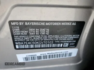 2019 BMW 7 Series 740i xDrive with VIN WBA7E4C50KGV70103, listed as a Copart auction lot 53019885 with 66,862 mi miles and Salvage Title. Bid and sale history available at carsss.com. Image 12.