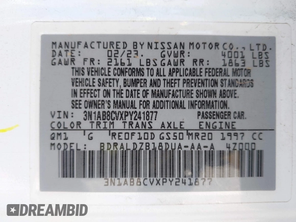 2023 Nissan Sentra SV with VIN 3N1AB8CVXPY241877, listed as a IAAI auction lot 41816870 with 32,024 mi miles and . Bid and sale history available at DreamBid. Image 9.