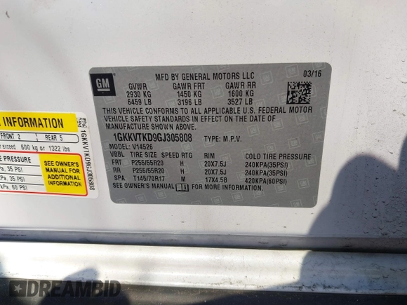 2016 GMC Acadia Denali with VIN 1GKKVTKD9GJ305808, listed as a IAAI auction lot 41586646 with 108,498 mi miles. Bid and sale history available at carsss.com. Image 9.