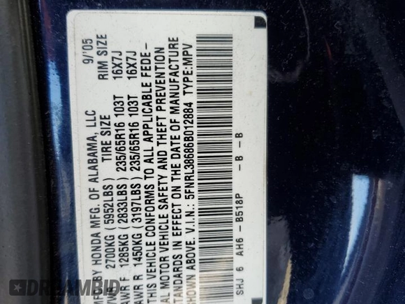 2006 Honda Odyssey EX-L with VIN 5FNRL38686B012884, listed as a Copart auction lot 46986245 with 191,295 mi miles and Salvage Title. Bid and sale history available at carsss.com. Image 13.