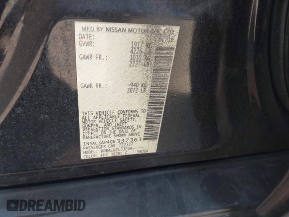 2016 Nissan Altima SR with VIN 1N4AL3AP4GN337363, listed as a IAAI auction lot 41834532 with 93,481 mi miles and . Bid and sale history available at DreamBid. Image 9.