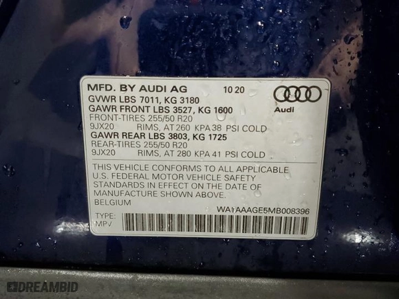 2021 Audi e-tron Premium with VIN WA1AAAGE5MB008396, listed as a Copart auction lot 46050784 with 40,765 mi miles. Bid and sale history available at carsss.com. Image 12.