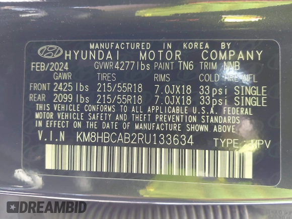2024 Hyundai Kona SEL with VIN KM8HBCAB2RU133634, listed as a IAAI auction lot 42116645 with 14,248 mi miles. Bid and sale history available at carsss.com. Image 9.