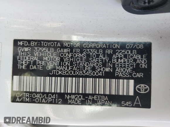 2008 Toyota Prius with VIN JTDKB20UX83450041, listed as a Copart auction lot 60884085 with 73,487 mi miles and Salvage title. Bid and sale history available at DreamBid. Image 12.