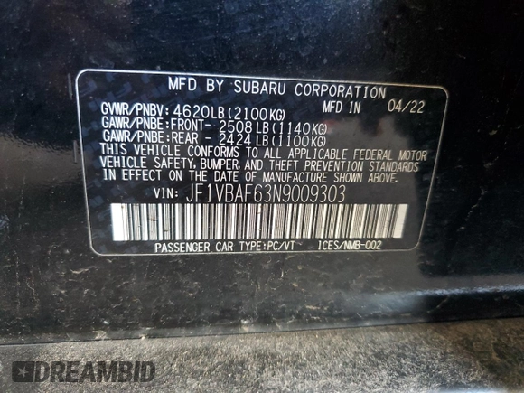 2022 Subaru WRX Premium with VIN JF1VBAF63N9009303, listed as a Copart auction lot 50745285 with 72,524 mi miles and Clean Title. Bid and sale history available at DreamBid. Image 12.