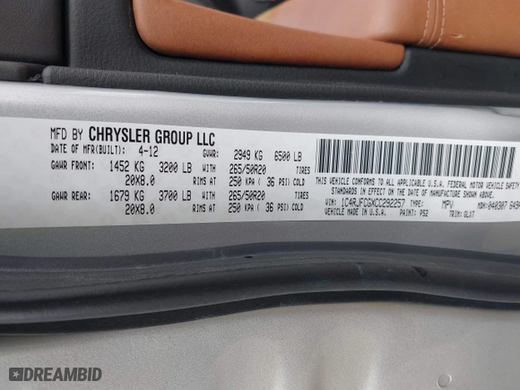 2012 Jeep Grand Cherokee Overland with VIN 1C4RJFCGXCC292257, listed as a IAAI auction lot 41844192 with 182,522 mi miles. Bid and sale history available at carsss.com. Image 9.