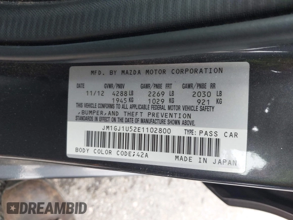 2014 Mazda 6 i Sport with VIN JM1GJ1U52E1102800, listed as a IAAI auction lot 42266283 with 103,886 mi miles and . Bid and sale history available at DreamBid. Image 9.