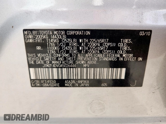 2010 Toyota RAV4 with VIN JTMZF4DV0A5026444, listed as a Copart auction lot 63617555 with 272,221 mi miles and Salvage title. Bid and sale history available at DreamBid. Image 13.