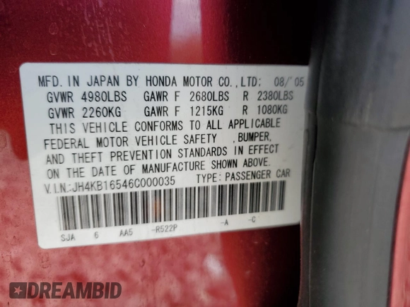 2006 Acura RL with VIN JH4KB16546C000035, listed as a Copart auction lot 57074865 with 206,692 mi miles and Salvage title. Bid and sale history available at DreamBid. Image 12.