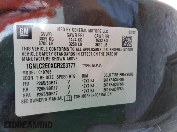 2012 Chevrolet Tahoe Commercial with VIN 1GNLC2E0XCR253777, listed as a Copart auction lot 44791755 with 123,312 mi miles and Salvage title. Bid and sale history available at DreamBid. Image 13.