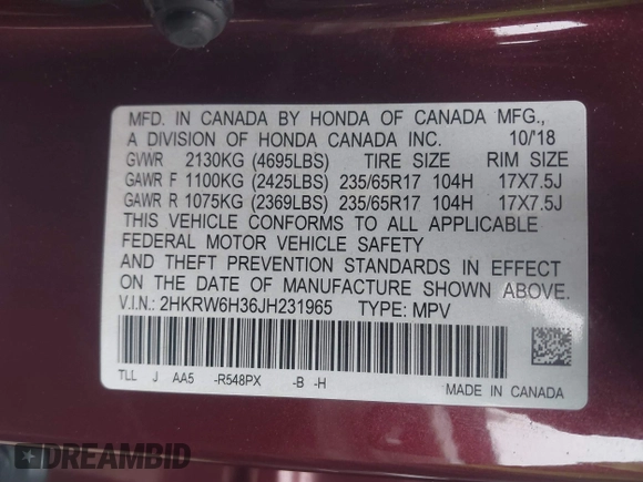 2018 Honda CR-V LX with VIN 2HKRW6H36JH231965, listed as a IAAI auction lot 41666935 with 79,535 mi miles. Bid and sale history available at carsss.com. Image 9.