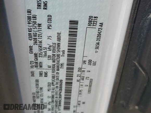 2023 Ford Transit Cargo с VIN 1FTBW9C89PKB88609, выставлен на аукционе Copart как лот 54909845 с пробегом 25 083 миль миль и Списание • Salvage title. История ставок и продаж доступна на DreamBid. Изображение 13.