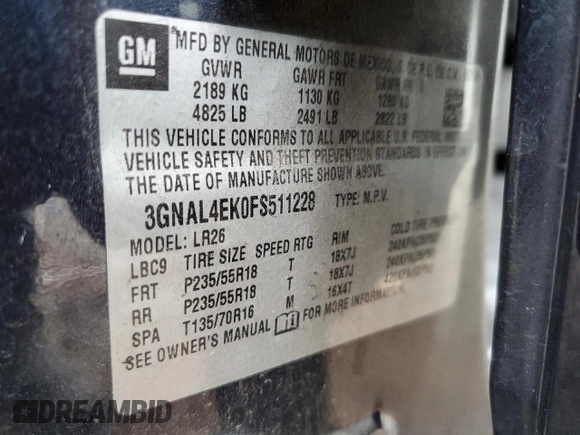 2015 Chevrolet Captiva Sport LTZ with VIN 3GNAL4EK0FS511228, listed as a Copart auction lot 70607404 with 185,045 mi miles and Salvage Title. Bid and sale history available at DreamBid. Image 13.