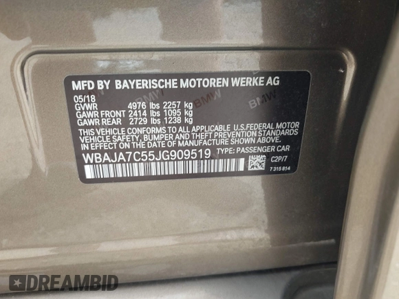 2018 BMW 5 Series 530i xDrive with VIN WBAJA7C55JG909519, listed as a IAAI auction lot 42650263 with 57,077 mi miles and . Bid and sale history available at DreamBid. Image 9.