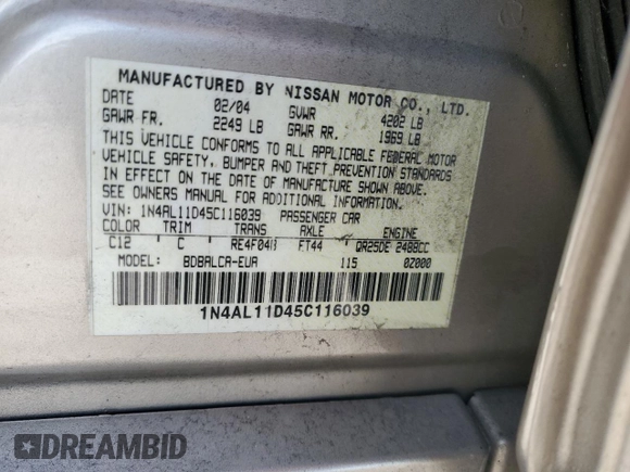 2005 Nissan Altima 2.5 z VIN 1N4AL11D45C116039, wystawiony jako Copart lot #56120345 z przebiegiem 178 953 mil mil oraz Czysty tytuł • Clean title. Historia ofert i sprzedaży dostępna na DreamBid. Obrazek 12.