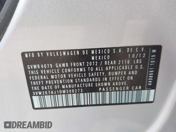 2013 Volkswagen Jetta S with VIN 3VW2K7AJ1DM398273, listed as a IAAI auction lot 42467085 with 109,453 mi miles and . Bid and sale history available at DreamBid. Image 9.