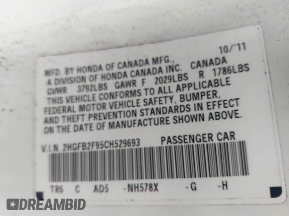 2012 Honda Civic EX-L with VIN 2HGFB2F95CH529693, listed as a IAAI auction lot 41160120 with 194,418 mi miles and . Bid and sale history available at DreamBid. Image 9.