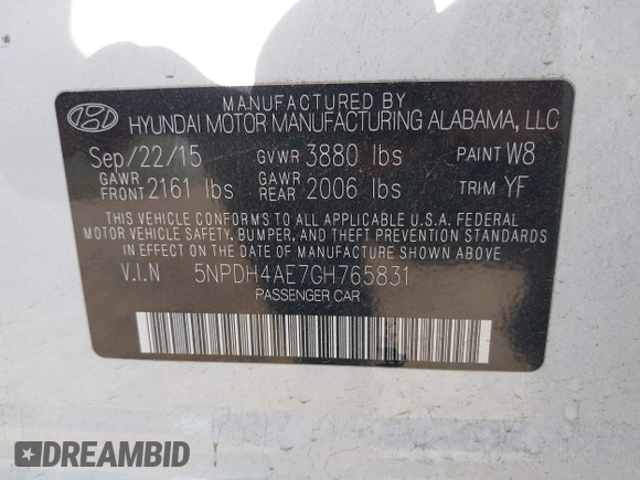 2016 Hyundai Elantra SE with VIN 5NPDH4AE7GH765831, listed as a IAAI auction lot 42095598 with 120,764 mi miles and . Bid and sale history available at DreamBid. Image 9.