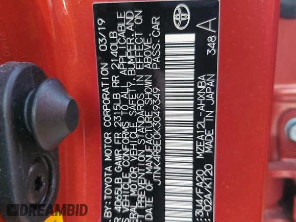 2019 Toyota Corolla Hatchback SE with VIN JTNK4RBE0K3049349, listed as a Copart auction lot 73725114 with 0 mi miles and Salvage Title. Bid and sale history available at carsss.com. Image 13.