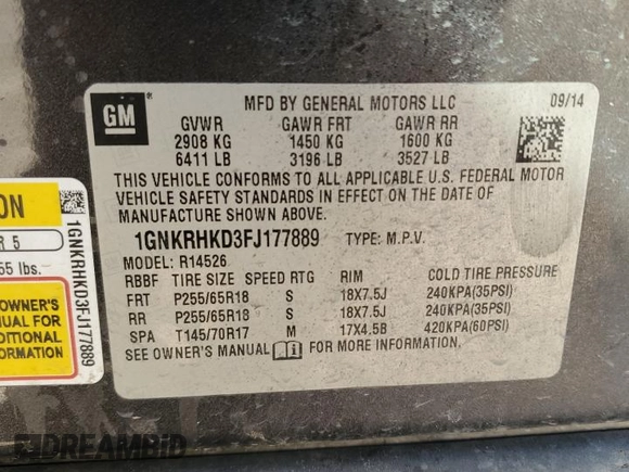 2015 Chevrolet Traverse LT с VIN 1GNKRHKD3FJ177889, выставлен на аукционе Copart как лот 47831945 с пробегом Не указан миль и Списание • Salvage title. История ставок и продаж доступна на DreamBid. Изображение 15.