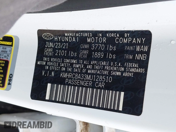 2021 Hyundai Venue SEL with VIN KMHRC8A33MU128510, listed as a IAAI auction lot 41830458 with 91,454 mi miles and . Bid and sale history available at DreamBid. Image 9.