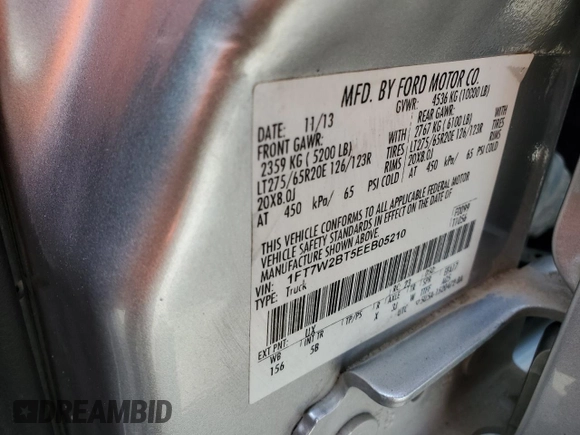 2014 Ford Super Duty F-250 SRW XL with VIN 1FT7W2BT5EEB05210, listed as a Copart auction lot 55662305 with 283,455 mi miles and Clean Title. Bid and sale history available at carsss.com. Image 12.