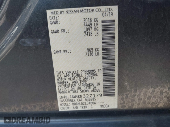 2019 Nissan Altima 2.5 S with VIN 1N4BL4BW4KN327179, listed as a IAAI auction lot 40704684 with 78,009 mi miles. Bid and sale history available at carsss.com. Image 9.