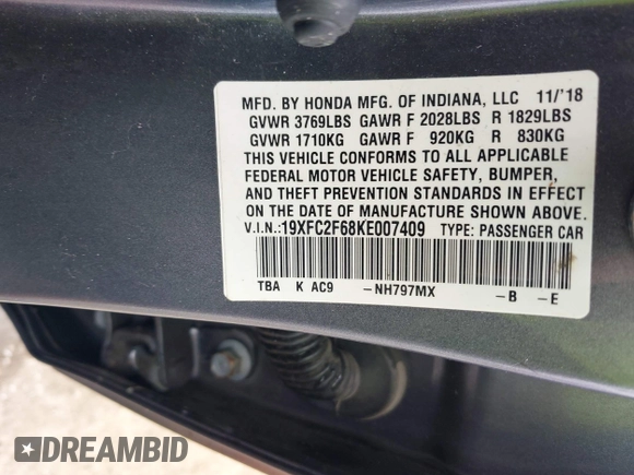 2019 Honda Civic LX with VIN 19XFC2F68KE007409, listed as a IAAI auction lot 41887406 with 57,147 mi miles and . Bid and sale history available at DreamBid. Image 9.